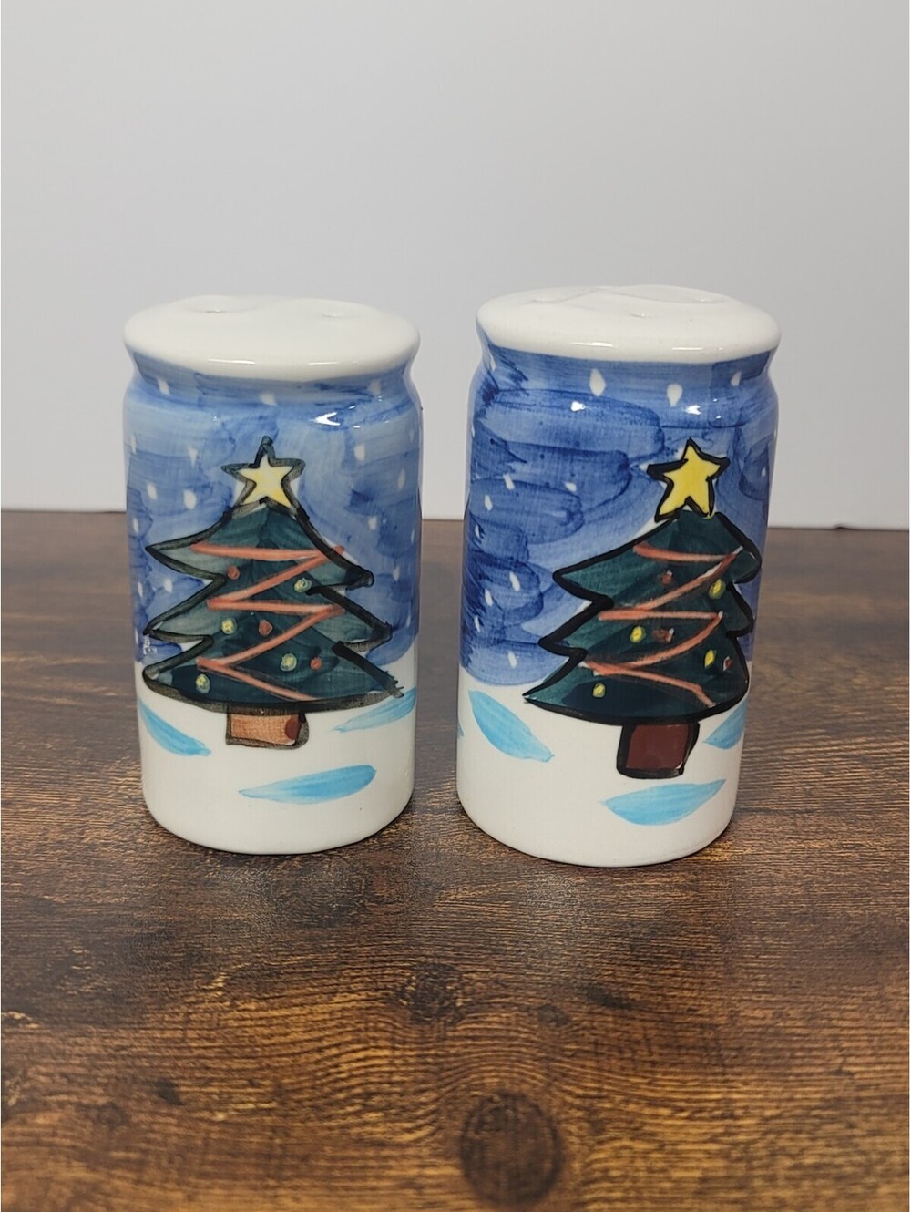 Christmas Salt and Pepper Shakers Hand Painted  Tree And Snowman Winter Blue